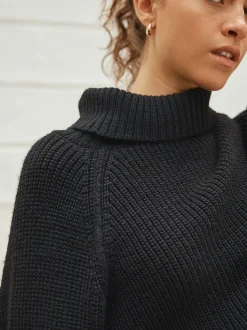 Black Roll Neck Ribbed Knitted Poncho