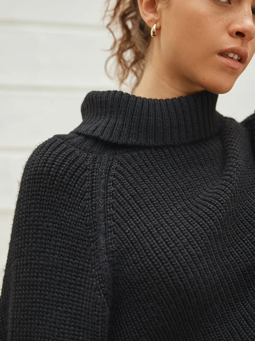 Black Roll Neck Ribbed Knitted Poncho