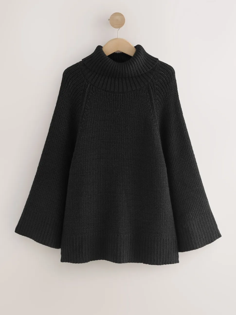Black Roll Neck Ribbed Knitted Poncho