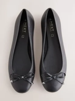 Black Round Toe Leather Ballerina Shoes