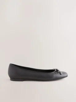 Black Round Toe Leather Ballerina Shoes
