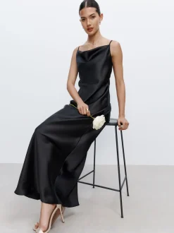 Black Satin Cowl Neck Wedding Guest Bridesmaid Maxi Dress