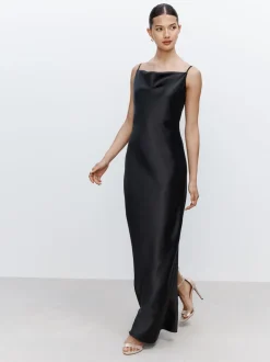 Black Satin Cowl Neck Wedding Guest Bridesmaid Maxi Dress