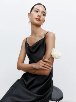 Black Satin Cowl Neck Wedding Guest Bridesmaid Maxi Dress