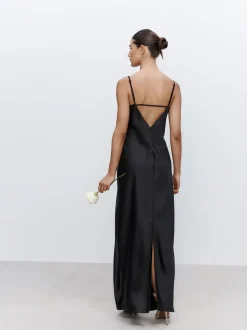 Black Satin Cowl Neck Wedding Guest Bridesmaid Maxi Dress