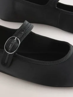 Black Satin Forever Comfort Round Toe Buckle Detail Mary Jane Shoes