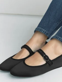 Black Satin Forever Comfort Round Toe Buckle Detail Mary Jane Shoes