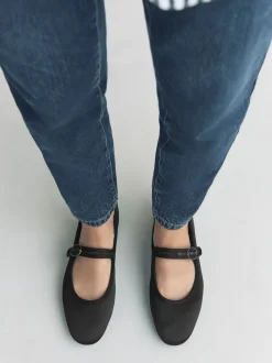 Black Satin Forever Comfort Round Toe Buckle Detail Mary Jane Shoes