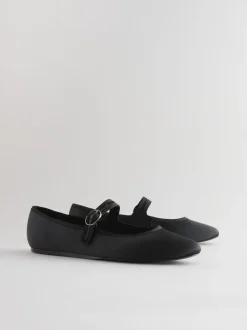 Black Satin Forever Comfort Round Toe Buckle Detail Mary Jane Shoes