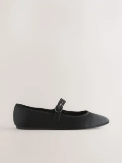 Black Satin Forever Comfort Round Toe Buckle Detail Mary Jane Shoes