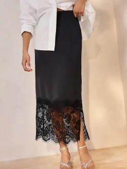 Black Satin Midi Skirt With Lace Trim