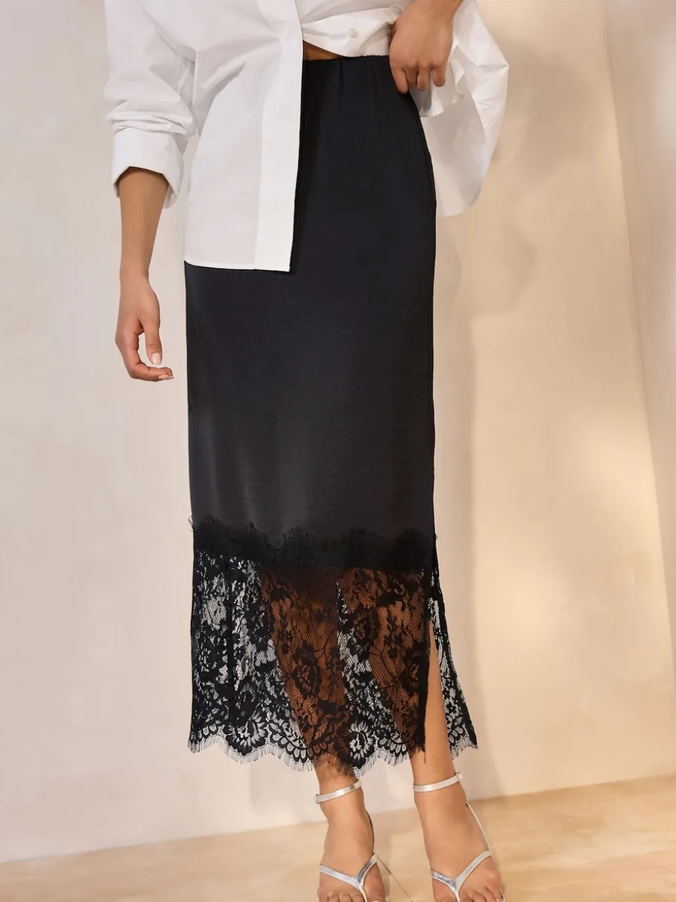 Black Satin Midi Skirt With Lace Trim