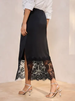 Black Satin Midi Skirt With Lace Trim