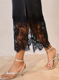Black Satin Midi Skirt With Lace Trim