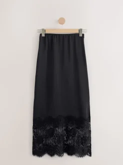 Black Satin Midi Skirt With Lace Trim