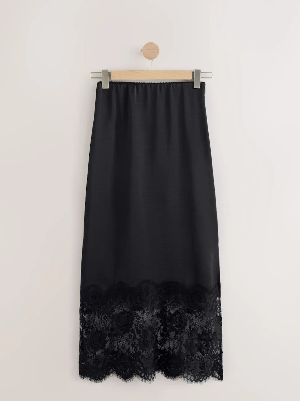 Black Satin Midi Skirt With Lace Trim