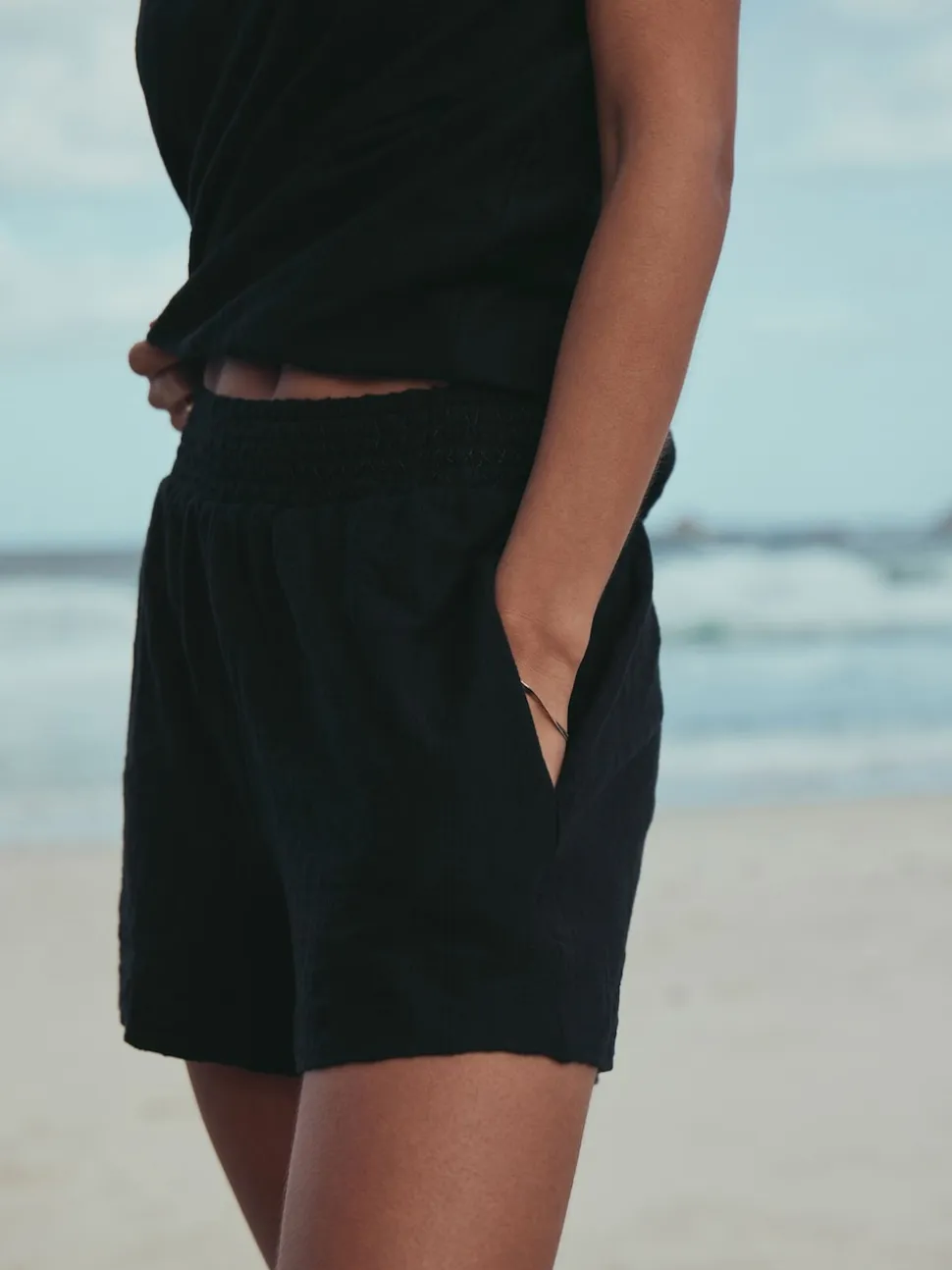 Black Shirred Jersey Shorts