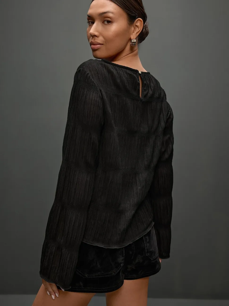 Black Shirred Long Sleeve Crew Neck Top