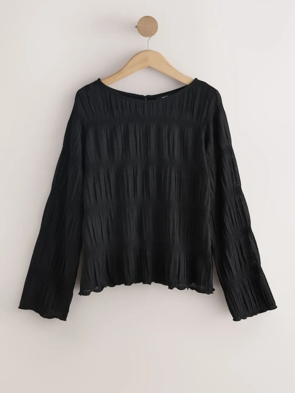 Black Shirred Long Sleeve Crew Neck Top