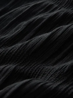 Black Shirred Long Sleeve Crew Neck Top