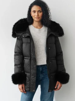 Black Short Padded Coat with Faux Fur Trim Hood and Cuffs