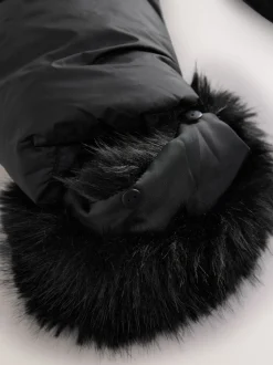 Black Short Padded Coat with Faux Fur Trim Hood and Cuffs