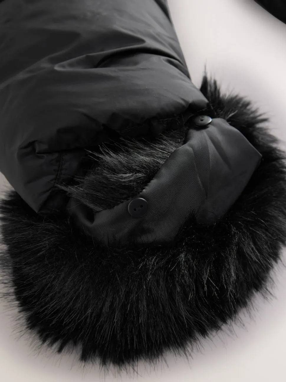 Black Short Padded Coat with Faux Fur Trim Hood and Cuffs