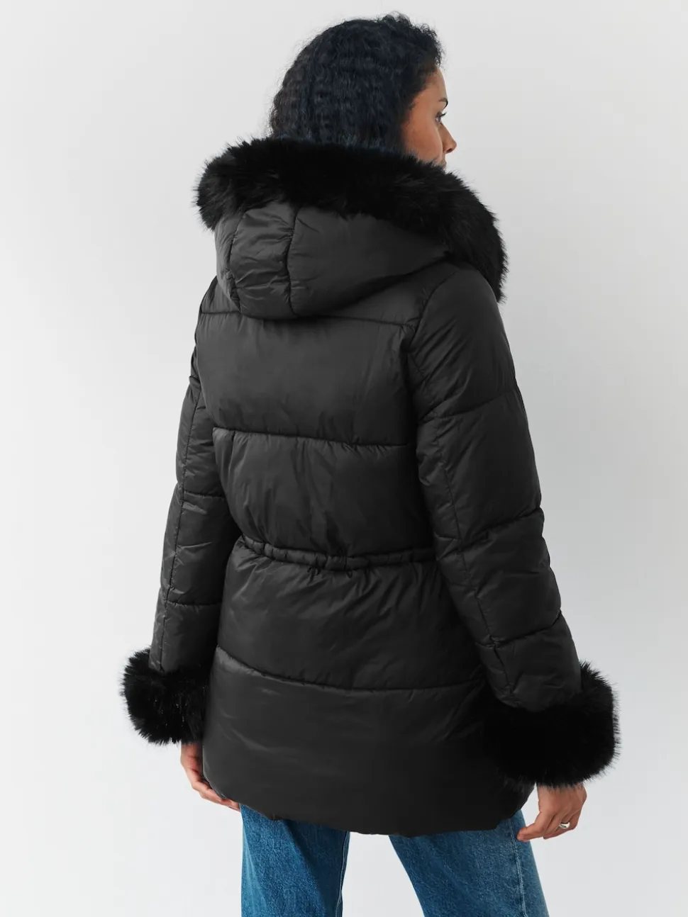 Black Short Padded Coat with Faux Fur Trim Hood and Cuffs