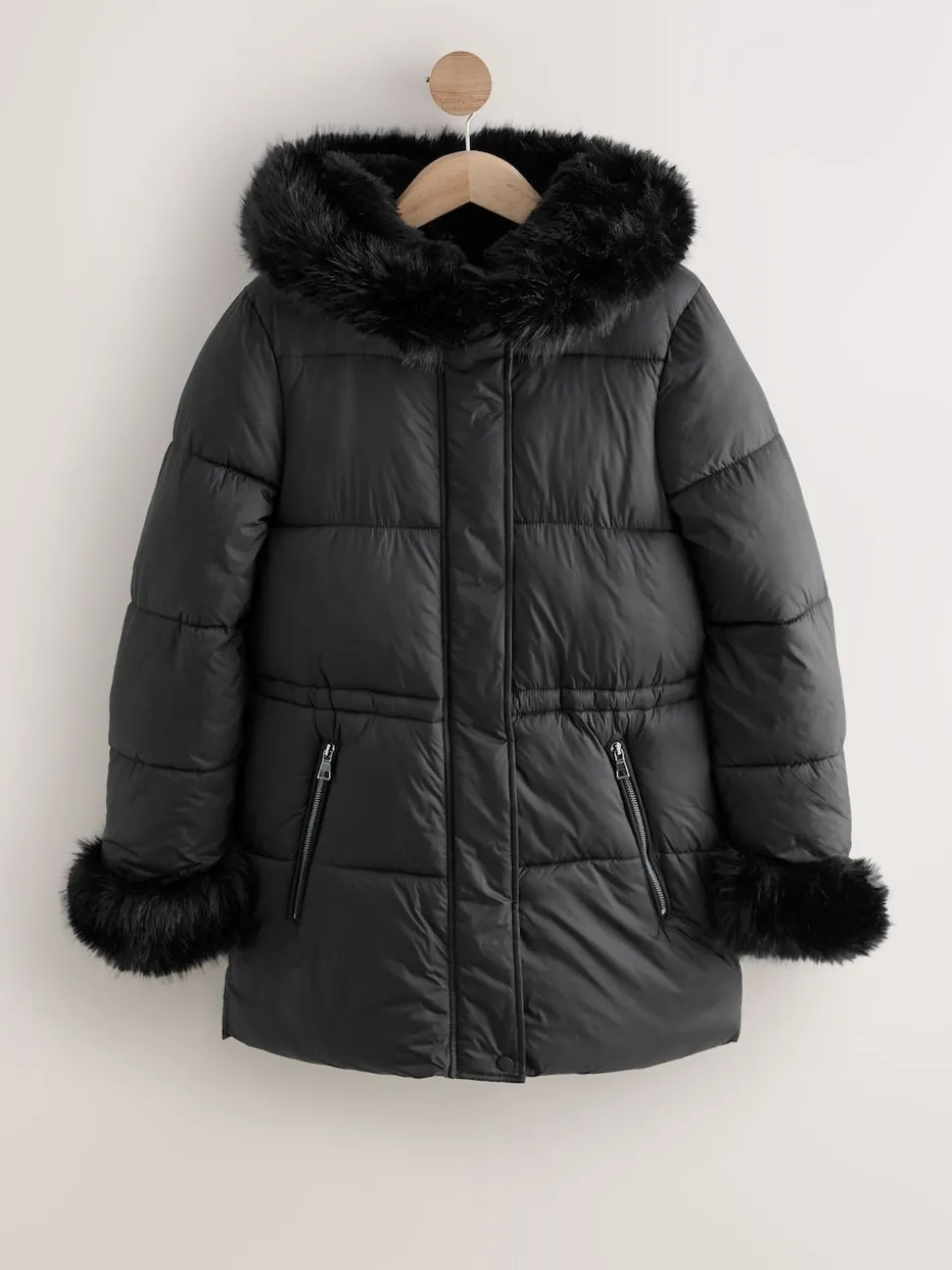 Black Short Padded Coat with Faux Fur Trim Hood and Cuffs