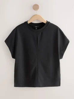 Black Short Sleeve Keyhole Crew Neck Top