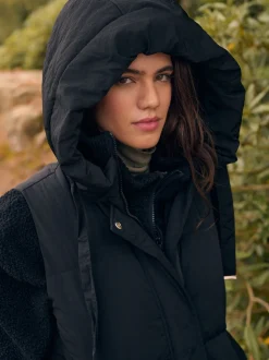 Black Shower Resistant Knit Collar Hooded Padded Gilet
