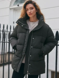 Black Shower Resistant Mid Length Padded Coat