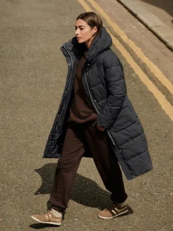 Black Shower Resistant Padded Hooded Longline Coat