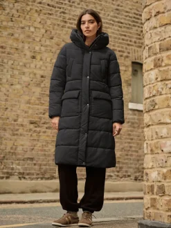Black Shower Resistant Padded Hooded Longline Coat