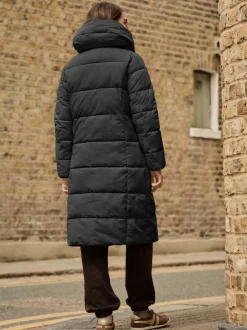 Black Shower Resistant Padded Hooded Longline Coat