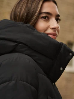 Black Shower Resistant Padded Hooded Longline Coat
