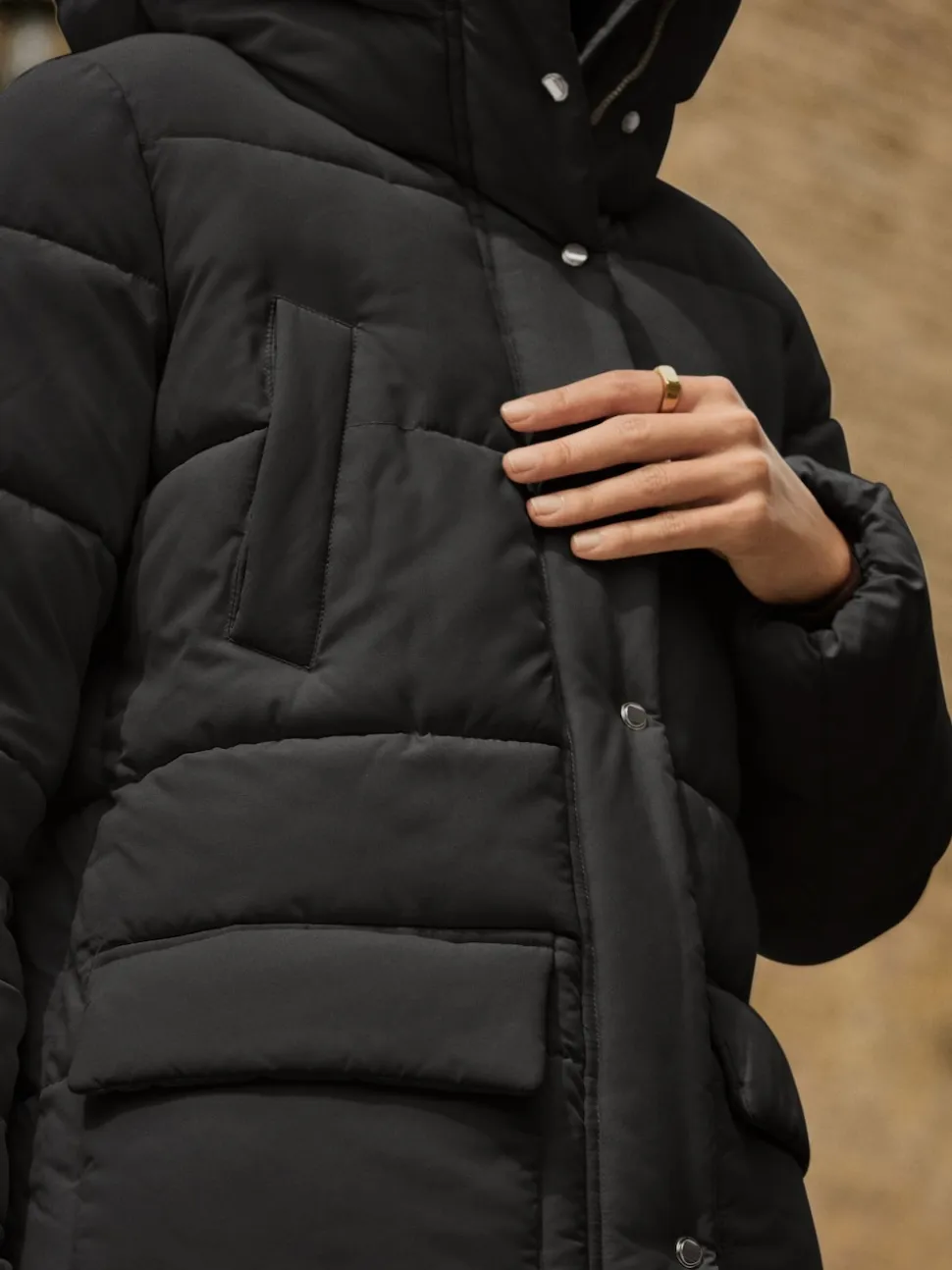 Black Shower Resistant Padded Hooded Longline Coat