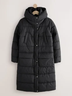 Black Shower Resistant Padded Hooded Longline Coat