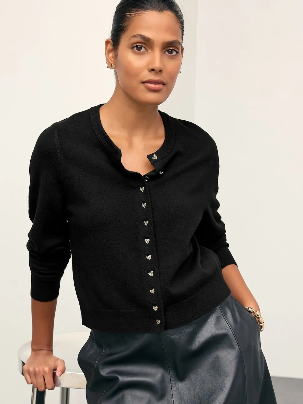 Black Slim Supersoft Crew Neck Cardigan with Wool