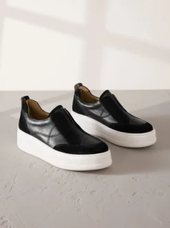 Black Slip On Signature Leather Chunky Wedge Platform Trainers