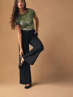 Black Smart Front Linen Blend Wide Leg Trousers