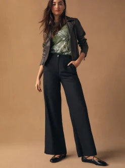Black Smart Front Linen Blend Wide Leg Trousers