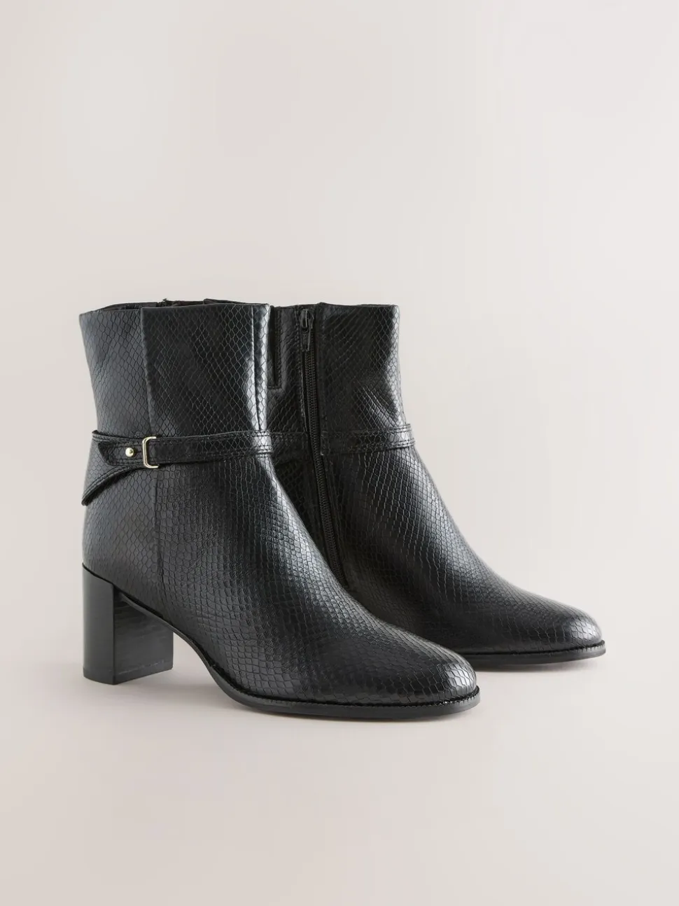Black Snake Textured Leather Forever Comfort® Hardware Trim Ankle Boots