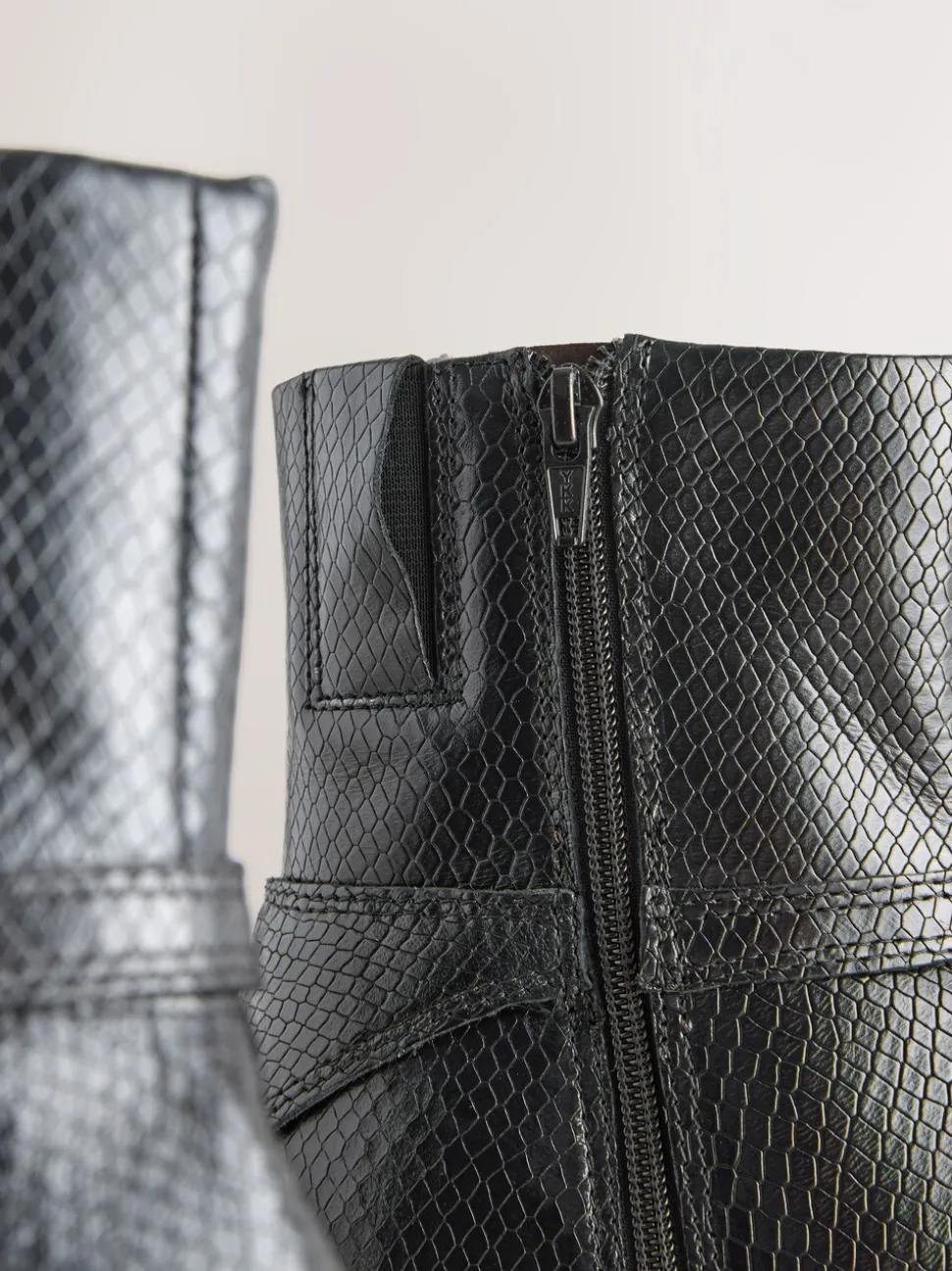 Black Snake Textured Leather Forever Comfort® Hardware Trim Ankle Boots