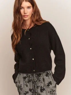 Black Soft Touch Crew Neck Knitted Cardigan With Wool