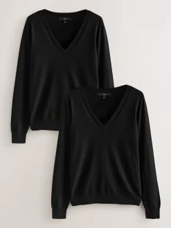 Black Soft Touch V-Neck Cotton Rich Jumpers 2 Pack