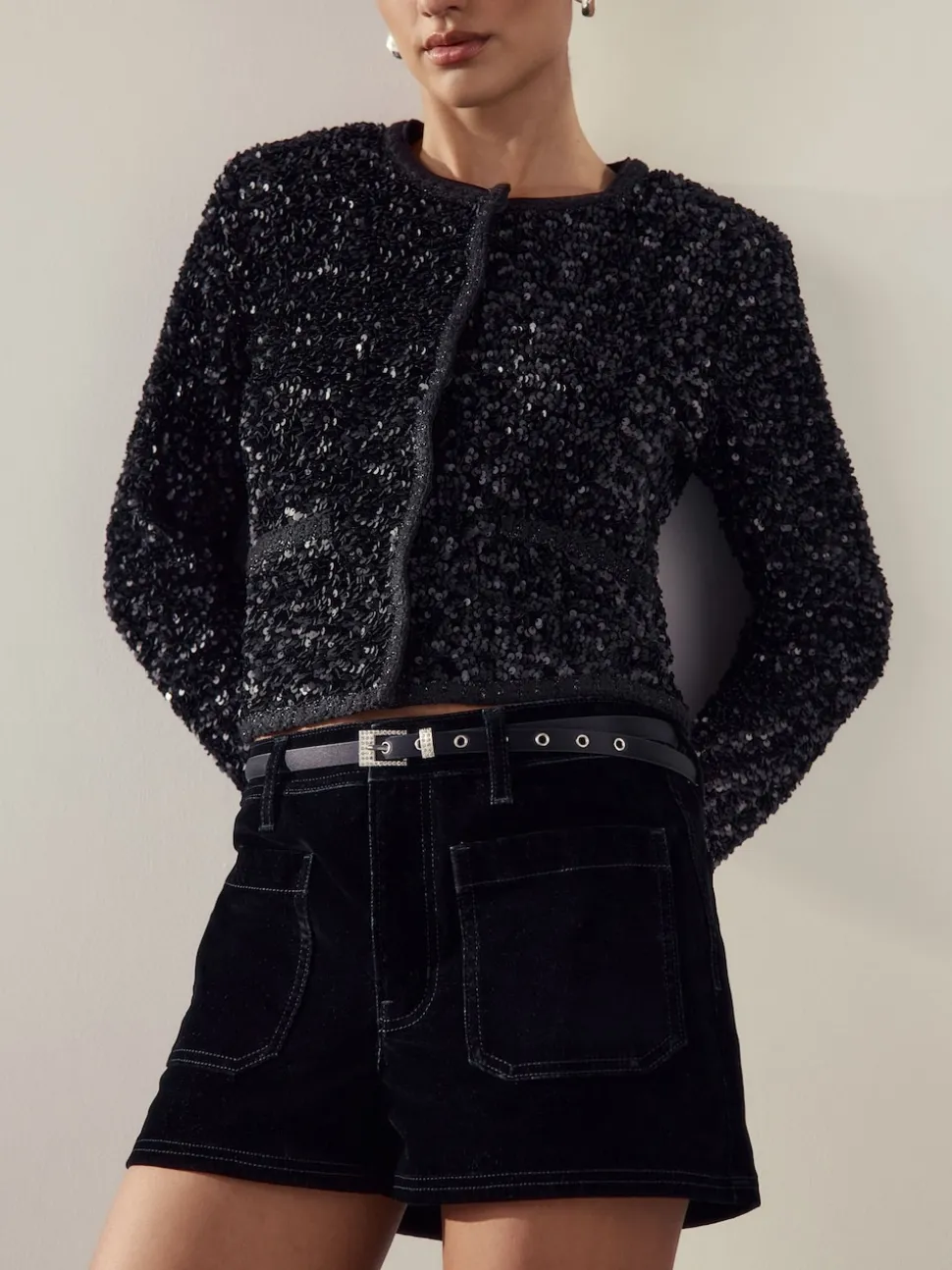Black Sparkle Buckle Satin Skinny Belt