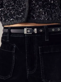 Black Sparkle Buckle Satin Skinny Belt