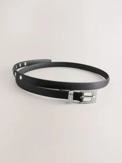 Black Sparkle Buckle Satin Skinny Belt