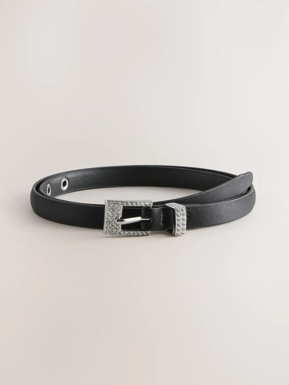 Black Sparkle Buckle Satin Skinny Belt